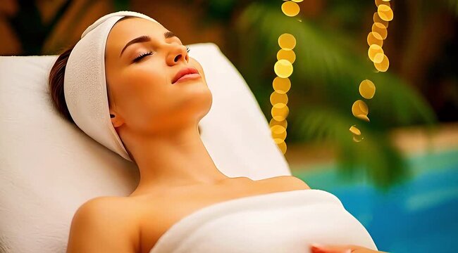 Woman relaxing on lounge chair by pool with towel on head and body wrapped