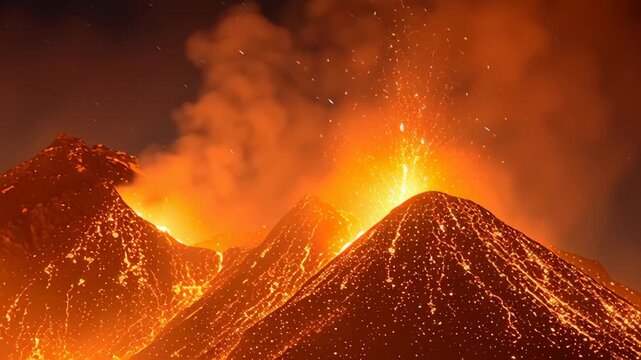 A dramatic volcanic eruption illuminates the night sky with vibrant orange lava flows and billowing smoke. the silhouette of a treeline adds contrast, nature's powerful and dynamic forces in vivid det
