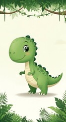 Naklejka premium Adorable Cartoon Dinosaur in Jungle Setting, Perfect for Childrens Illustrations.