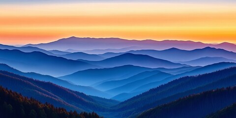 Obraz premium Stunning Mountain Range at Sunset with Layers of Blues and Purples Creating a Serene Landscape