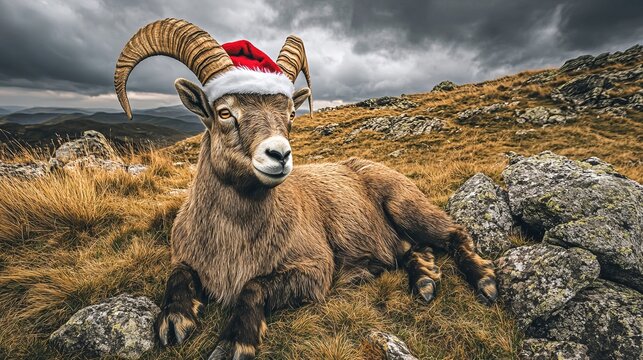 Majestic Ibex Wearing Santa s Hat Intently Gazes Amidst Dramatic Mountain Landscape for Christmas