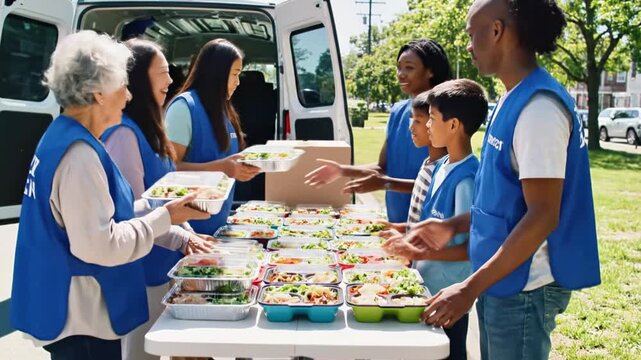 People wearing blue vests preparing and serving food in a kitchen
