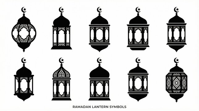 Ramadan lantern silhouette vector symbols set with crescent moon designs, Islamic decorative patterns, cultural religious icons, traditional art elements, Eid festival celebration graphics