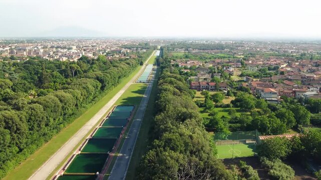 Reggia di Caserta, Italy. Aerial view of famous royal building gardens from a drone in summer season