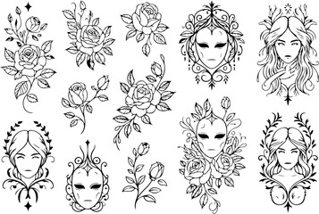 Mystical Floral Woman Tattoo Art Set
