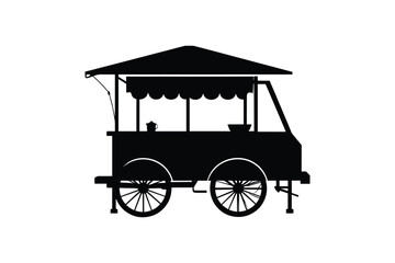 Silhouette of vintage food cart, mobile kitchen, snack stall on wheels, isolated on white background