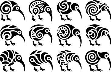 Tribal Kiwi Bird Icon Set &ndash; Minimal Black Vector Symbols