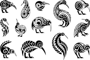 Tribal Kiwi Bird Icon Set &ndash; Minimal Black Vector Symbols