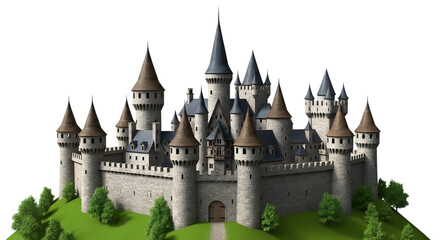 Obraz premium Medieval castle with towers and green hill isolated on a transparent background stone spires