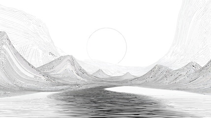 Abstract Black and White Landscape with Mountains, Reflective River, and Minimalist Sun Art