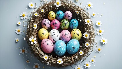Colorful easter eggs in a nest with flowers