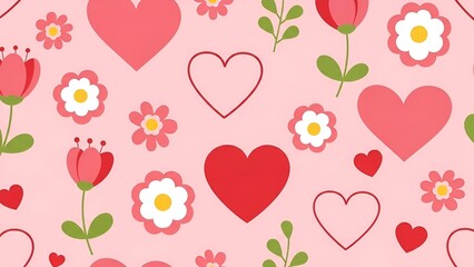 Cute Pink and Red Hearts and Flowers Pattern Background