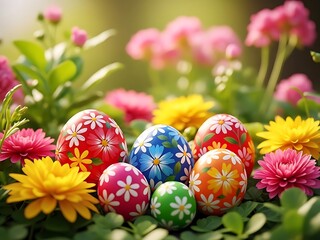 Colorful easter eggs surrounded by vibrant spring flowers
