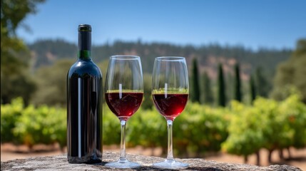 Two elegant glasses of red wine sit beside a dark bottle, reflecting the sun's rays. Rows of grapevines stretch into the distance, creating a serene backdrop in a beautiful vineyard setting