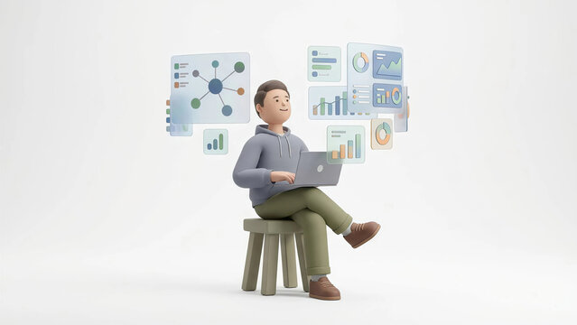 3D render of a business professional sitting on a stool with a laptop, surrounded by multiple data dashboards and charts to illustrate data analytics, insights, and modeling