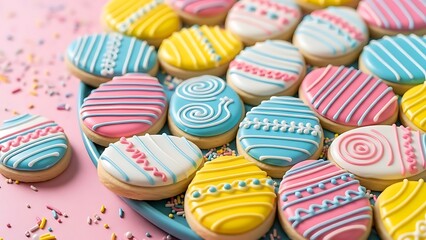Colorful easter egg shaped cookies with decorative icing
