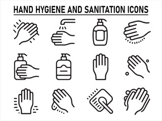 Hand Hygiene and Sanitation Icons. Washing, Soap, Sanitizer Line Set.