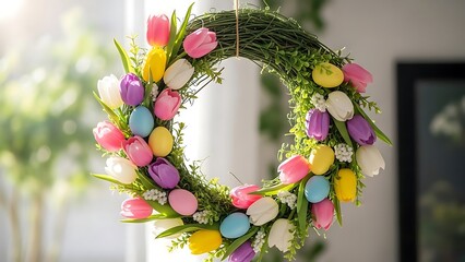 Easter wreath with colorful eggs and greenery