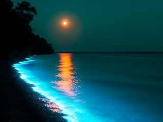 Bioluminescent ocean waves under a full moon