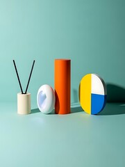 Colorful still life with household items on a teal background