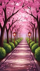 Vibrant cherry blossom pathway with lush greenery and soft lighting