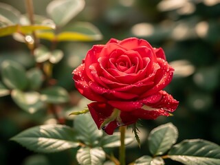 A vibrant red rose in full bloom surrounded by lush greenery
