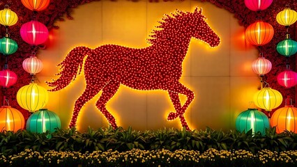 A horse silhouette made of lights with colorful lanterns