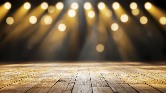 Wooden floor stage spotlight overlapping light beams empty dramatic performance concert warm illuminated anticipation event entertainment theater show glow artistic background celebration creative