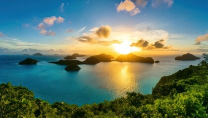 Naklejka premium Breathtaking sunset over tropical islands with vibrant colors and lush greenery.
