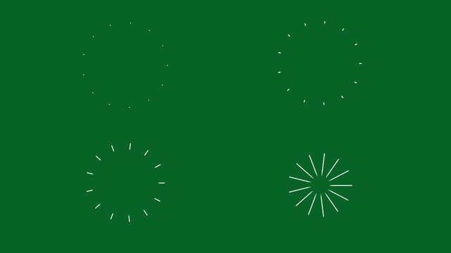 Firework circle burst animation featuring shiny glowing line explosions and sparkling particles, abstract motion graphics firework element for intros transitions on green screen background. 4k