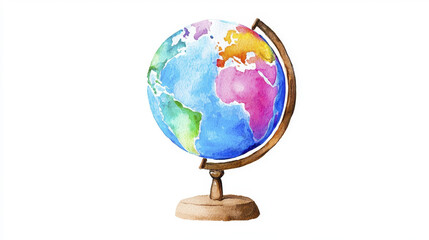 Watercolor globe world map colorful continents wooden stand educational geography travel learning classroom artistic illustration