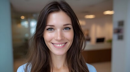 Fototapeta premium A friendly and professional woman with a bright smile is captured in a close up portrait within a blurred office lobby environment