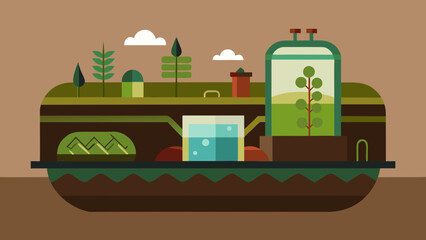 Obraz premium Underground agriculture system with greenhouse, water tanks and soil layers representing sustainable farming technology
