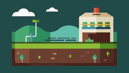 Naklejka premium Sustainable farming facility with underground soil layers, water system and modern building integrated into natural landscape
