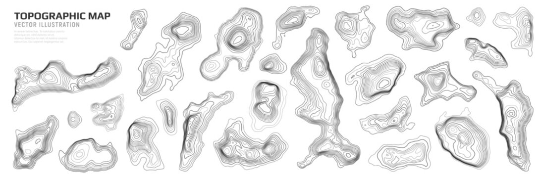 Set of geographic contour map elements with wavy geometric texture. Topographic map. Vector elevation lines with terrain patterns.