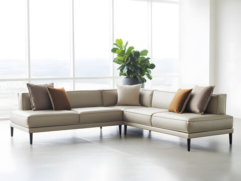 Modern living room corner sectional sofa with decorative pillows and potted plant
