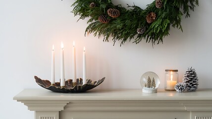 Festive Christmas mantelpiece decorated with a glowing evergreen wreath, four lit Advent candles, a snow globe, and cozy winter home decor
