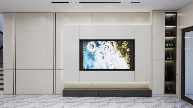 Contemporary Home Entertainment: A sleek, modern living space with a large flat-screen TV mounted on a stylish panel. The scene exudes sophistication and relaxation.