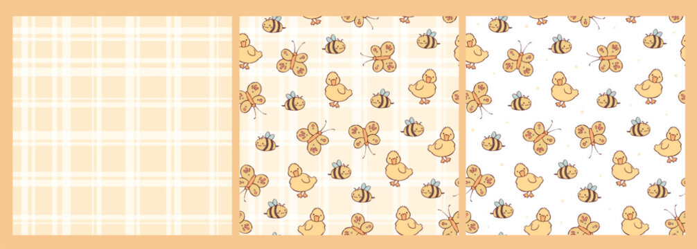 Cute nursery seamless patterns collection with kawaii ducks, bees and butterflies for textile prints, wallpaper, wrapping paper, scrapbooking, stationery, etc. EPS 10