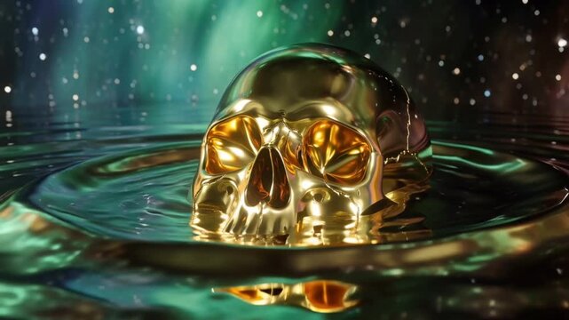 A surreal skull liquid gold chrome, partially submerged swirling molten liquid vortex, reflecting cosmic aurora lights stars. Ripples distort reflections dynamically, cinematic 3D camera orbit, neon