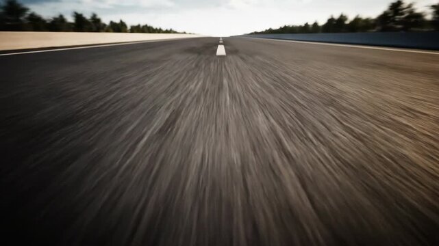 High speed motion blur from a car driving on an empty asphalt highway. Dynamic first person point of view of a journey towards the horizon. Concept of speed and forward progress