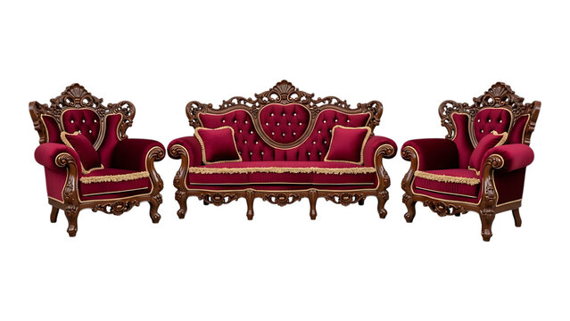 Luxurious living room furniture set featuring red velvet sofa and matching armchairs with intricate wooden carvings and gold accents for elegant interior design and home decor inspiration.