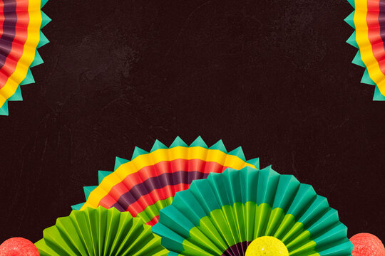 Festive Mexican Celebration Background Features Colorful Paper Fan Decorations Against Dark Textured Backdrop To Represent Cinco De Mayo, Fiesta Party Decor, And Mexican Cultural Heritage Events