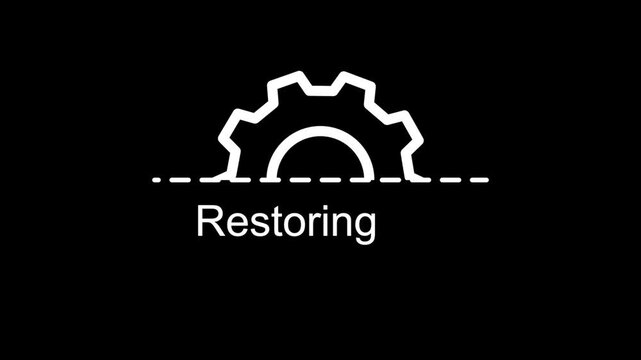 Restoring gear icon animation on black background, data recovery progress indicator, technology system restore