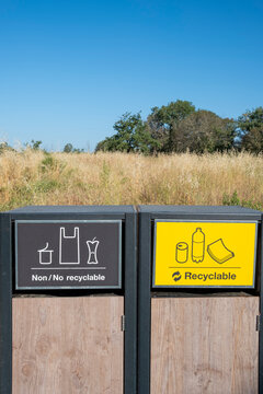 Outdoor recyclable recycling bin sign for waste sorting and trash separation supporting sustainable environment ecology with clear guidance