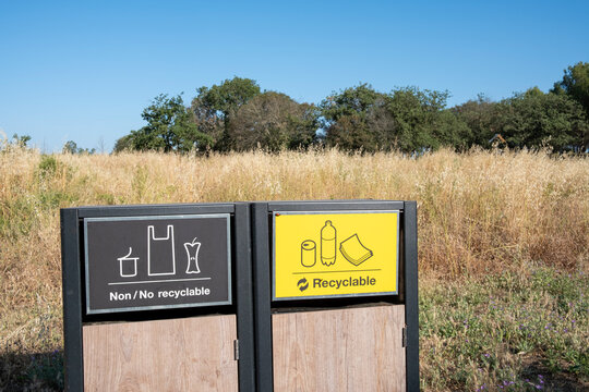 Public recycling bin for waste sorting with plastic trash icons promoting sustainable environment disposal and local ecology awareness