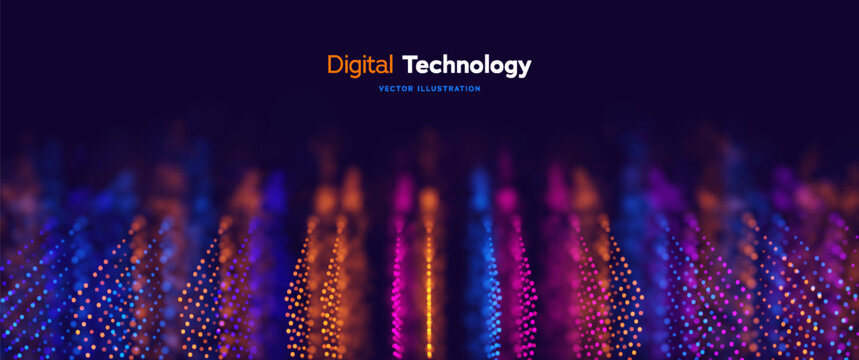 Colorful Big Data Visualization With Dynamic Stack Of Dots And Data Center Waves On Dark Background. Innovative Tech Graphics. Vector Illustration.