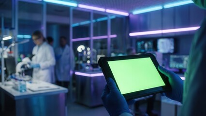 Naklejka premium Medical scientist holding rugged digital tablet with blank green screen for interface placement against futuristic blurred laboratory background at night.