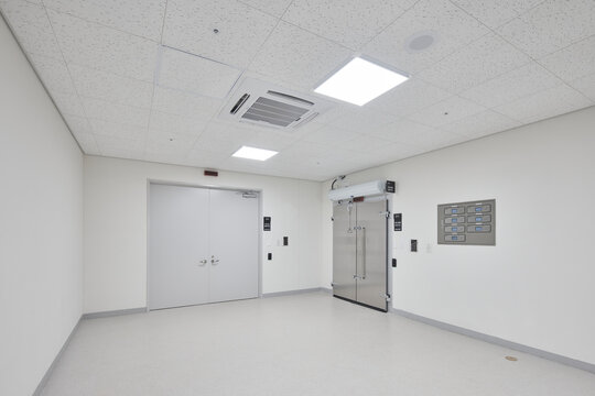 Minimalist white interior of a commercial kitchen or cold storage