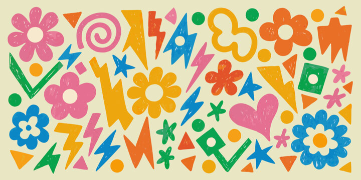 Colorful playful doodle pattern with flowers stars and abstract shapes